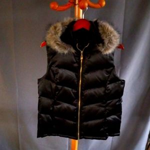 Macy's Style & Co Black Satin Fur Hooded Vest